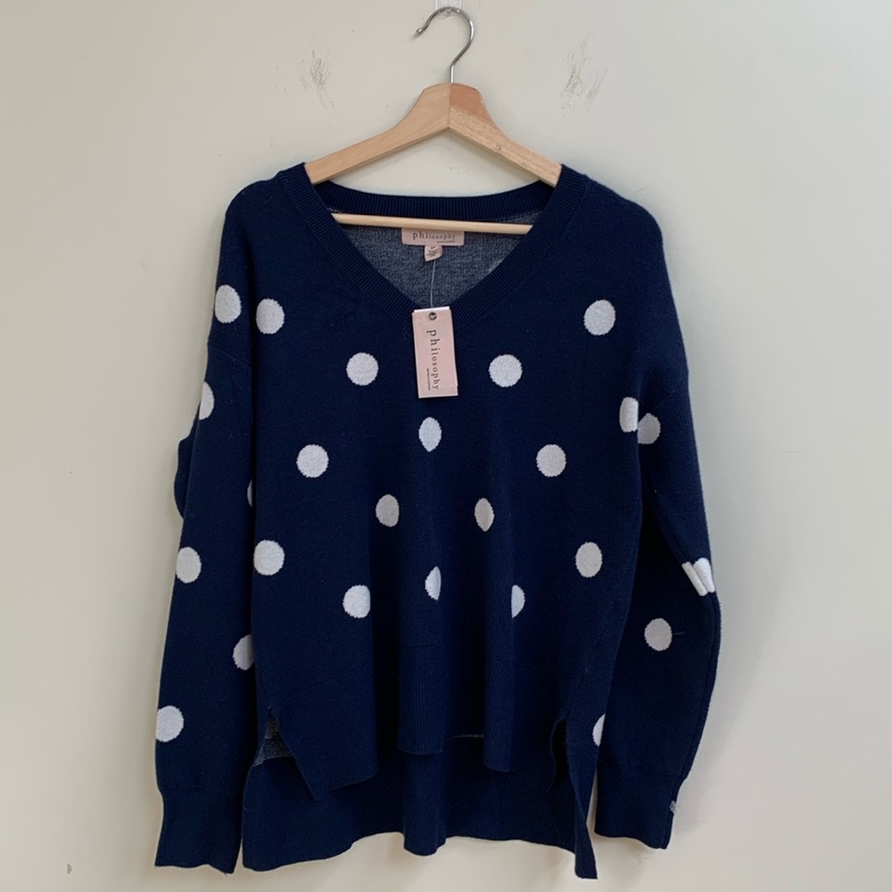 Philosophy V-Neck Navy Blue Polkadot Sweater. Size Small. New With Tags.